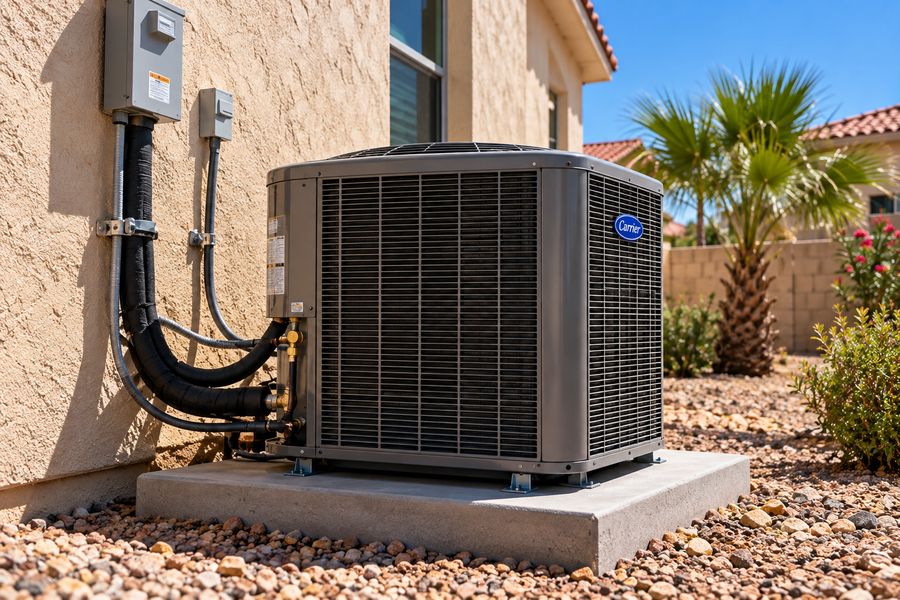 Recently replaced high-efficiency AC condenser at a Laredo-style stucco home