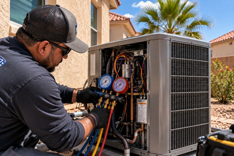 Technician testing an outdoor AC unit with refrigerant gauges