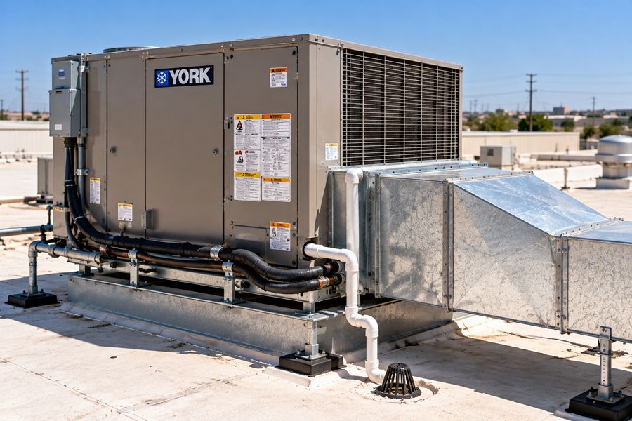 Commercial rooftop HVAC unit with supply and return ductwork