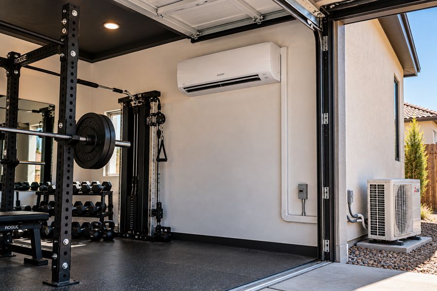 Wall-mounted ductless mini-split cooling a garage home gym