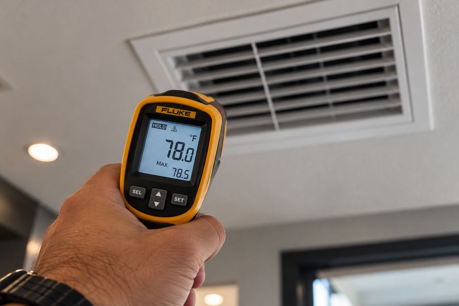 Infrared thermometer reading 78 degrees at a ceiling supply vent
